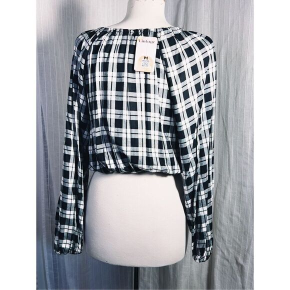 Boutique Black Checkered Long Sleeve Blouse - Size S - Picture 4 of 5